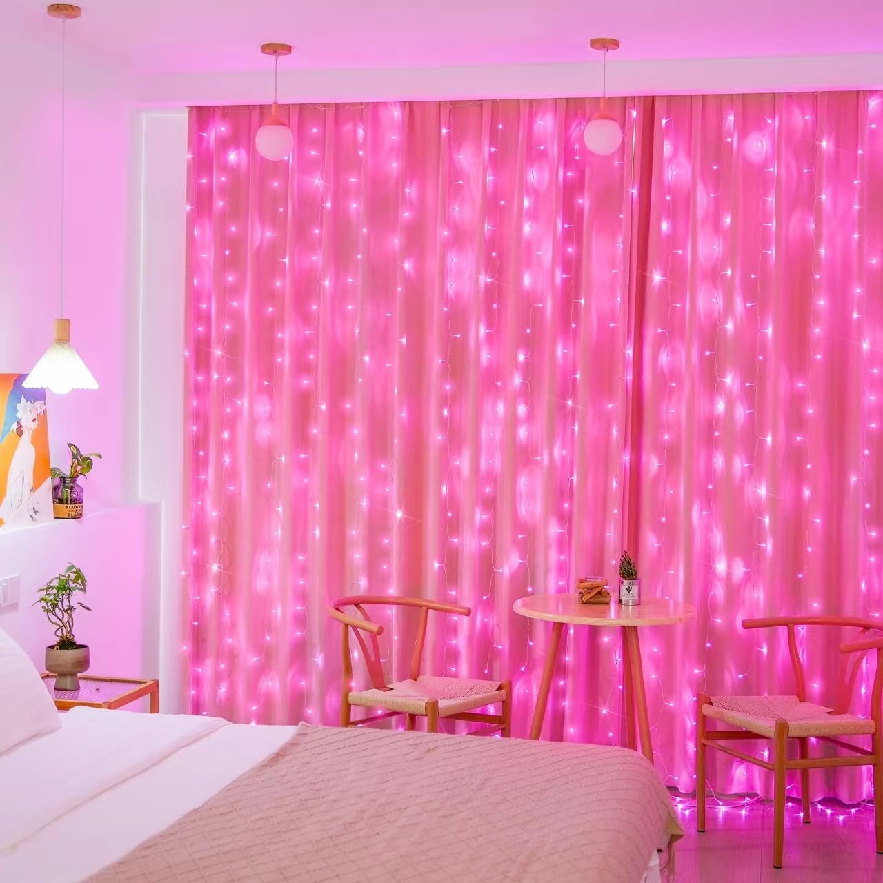 300 LED Remote Control Pink Curtain Lights, 8 Modes Pink Christmas Lights Indoor, Pink String Lights for Bedroom Window Wall Party Backdrop Valentine Xmas Decorations (9.8X9.8Ft)